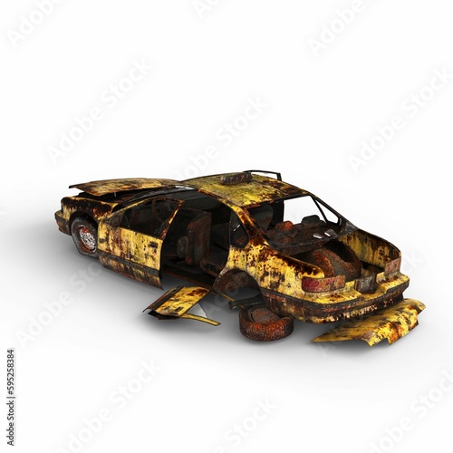 A 3d rendering of a destroyed car on a white background