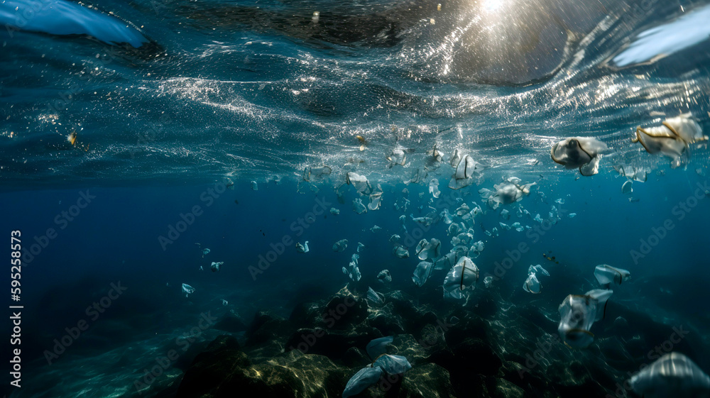 Plastic bags and plastic particles floating in the sea.