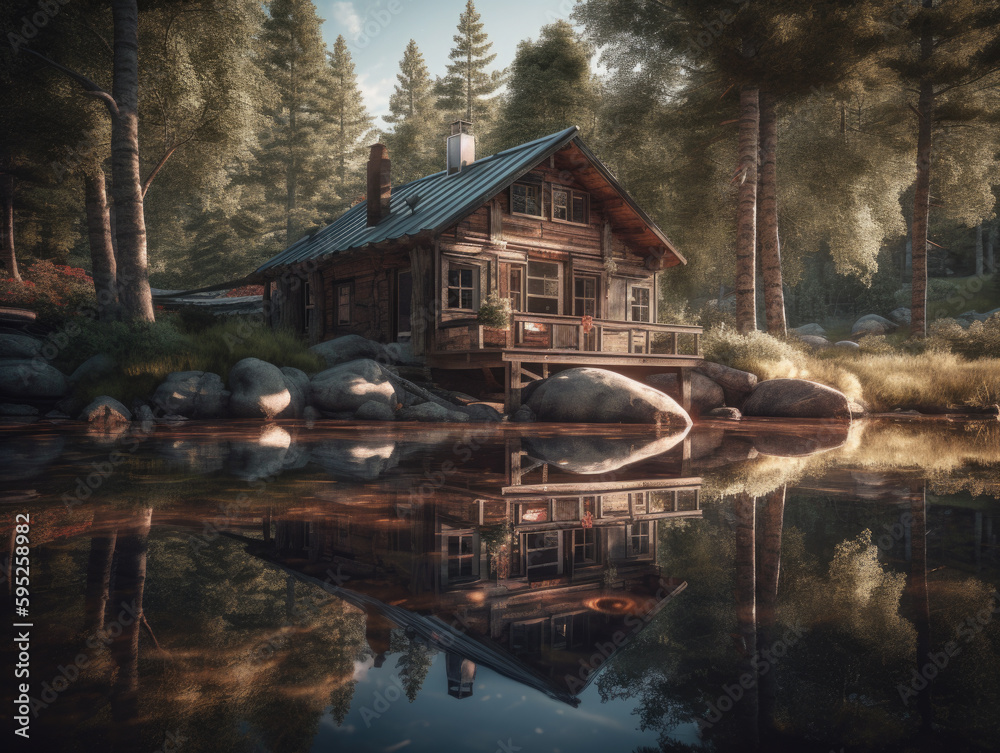 Fototapeta premium Cabin in the woods is reflected in the water. Generative AI