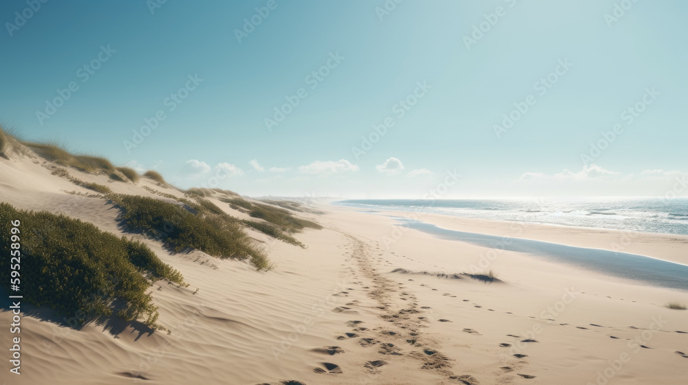 Footprints on sand dunes on a beach. Generative AI