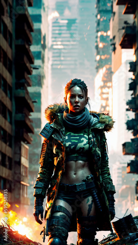A woman from the future in a post-apocalyptic world. Girl soldier in camo. Generative AI
