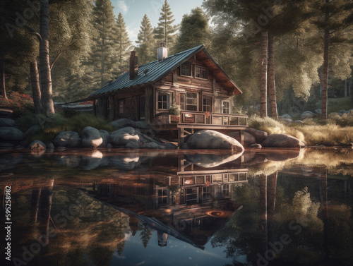 Cabin in the woods is reflected in the water. Generative AI