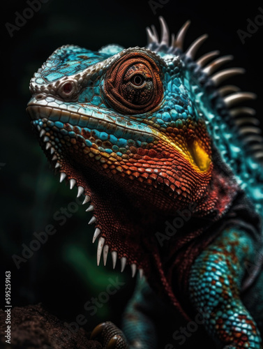 Close up of a colorful iguana. Generative AI