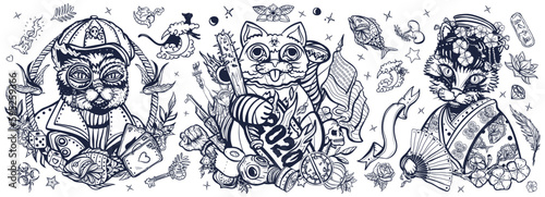 Old school tattoo collection. Cats. Unlucky lucky cat. Portrait of kitty geisha princess. Traditional tattooing style. Funny pets art, animals hand drawn