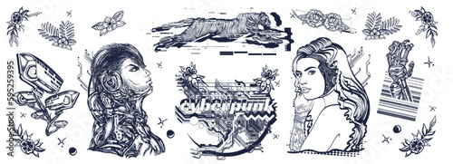 Cyberpunk. Cyborg, robot girl, web camera and running cheetah, glitch style. Old school tattoo collection. Dark future art. Traditional tattooing style