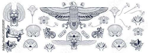 Ancient Egypt. Egyptian culture elements. Sacred scarab, Horus falcon, pyramids, magic eye, ethnic ornaments. Old school tattoo collection