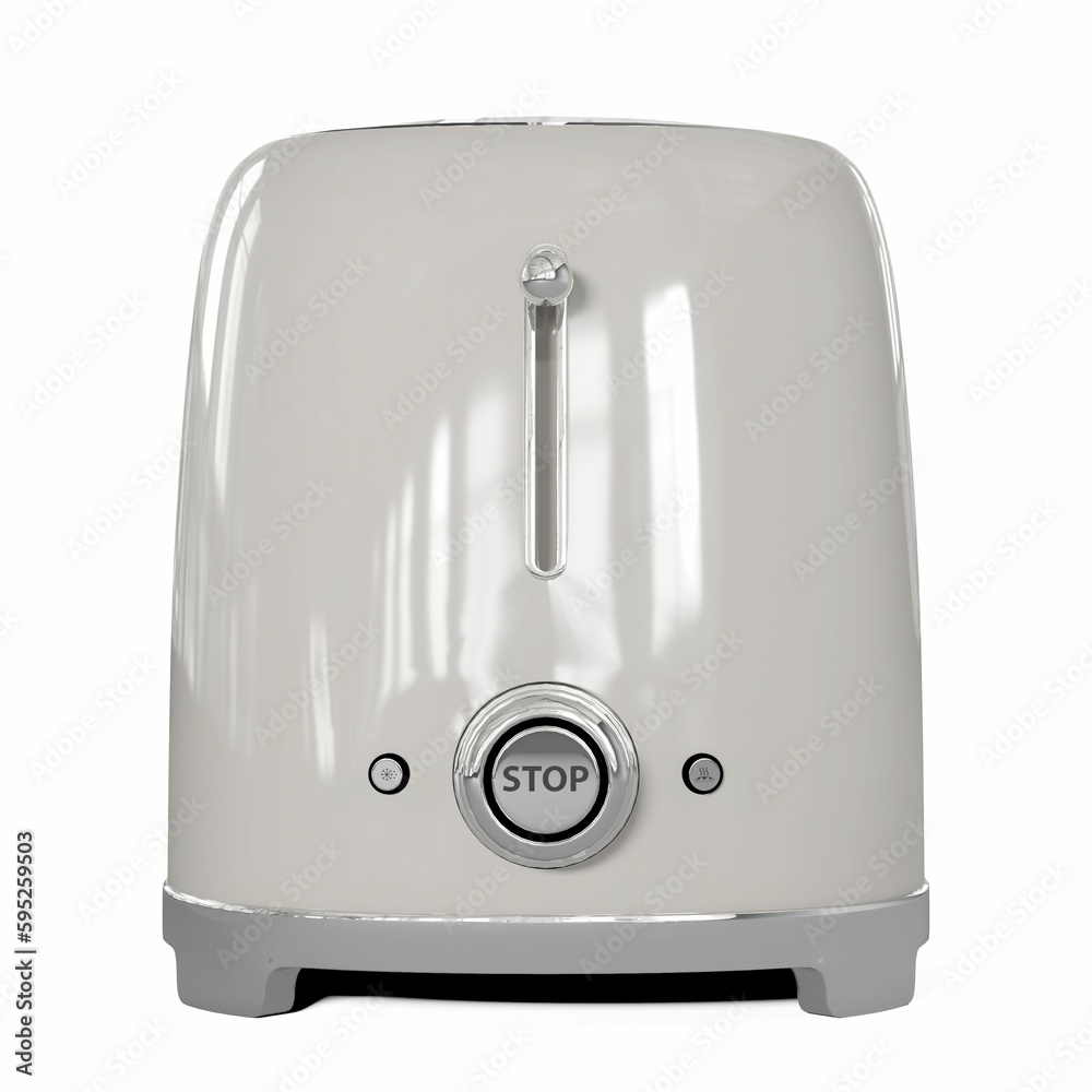White toaster with the words 'STOP' printed on its side against a light blue background, 3D rendered White toaster with the words 'STOP' printed on its side against a light blue background, 3D rendered