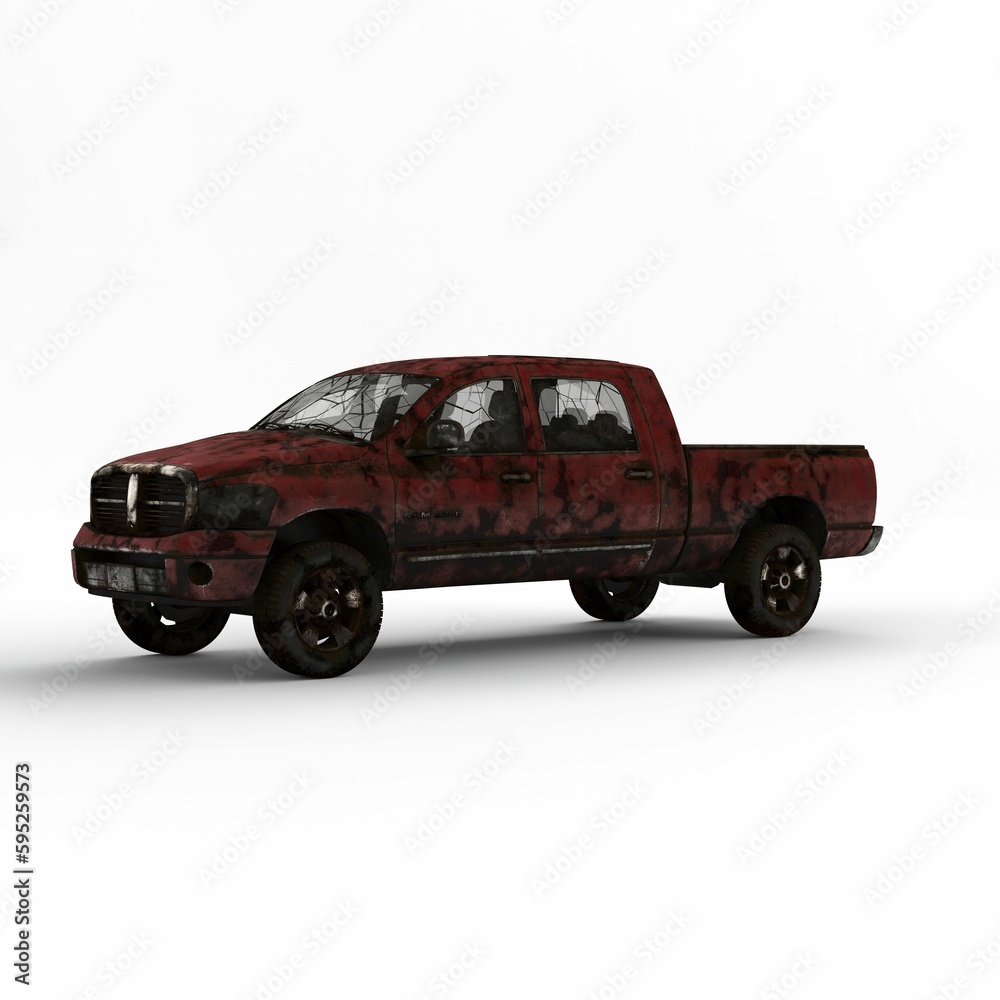 Fototapeta premium 3D rendering illustration of a red pickup truck against a bright white background