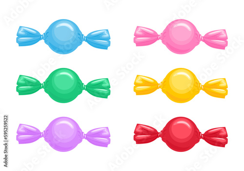 Candy in colorful wrapper set. Vector cartoon illustration of wrapped candies.
