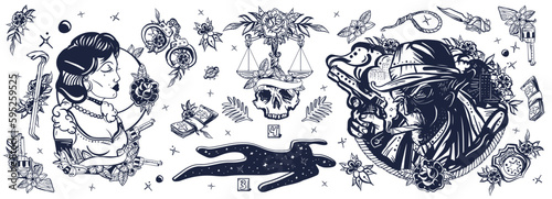 Old school tattoo collection. Noir film. Murder and investigation. Retro movie tattooing style. True elderly detective smoking cigar, crime scene, chalk outline of dead body, fashion woman