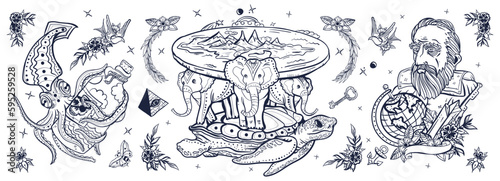 Old school tattoo collection. Flat Earth theory. Galileo scientist. Traditional tattooing style.Turtle and three elephants. Octopus kraken