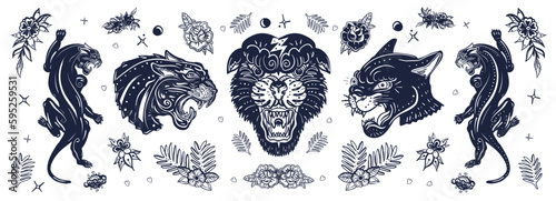 Black panthers. Old school tattoo collection.  Traditional tattooing art. Japanese style. Vintage wild cats © intueri