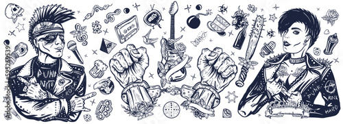 Old school tattoo collection. Hooligans lifestyle. Electric guitar. Anarchy art. Traditional tattooing style. Punk music. Punker with mohawk hairstyle, rock woman, guitarist girl