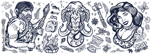 Stone age. Cave man neanderthal, hunting mammoth, prehistoric woman. Primitive technology. Old school tattoo vector collection. Neolithic and paleolithic people. Evolution art
