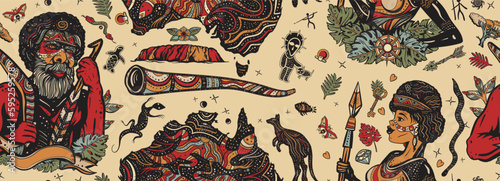 Australia pattern. Old school tattoo seamless background. Ethnic Australian woman in traditional costume. Aboriginal tribes bushmen. Boomerang, rock painting, kangaroo, didgeridoo, map