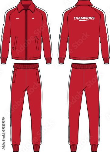 Long sleeve polo collar track suit jacket sweatshirt with jogger track bottom design flat sketch Illustration, running jacket with sweat pant front and back view, winter jacket for Men and women.