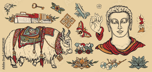 Tibet. Old school tattoo set. Lhasa, endless knot, eternal, Oriental Asian art. Buddhism, Spirituality travel. Tibetan culture and tradition. Buddha, yak, monk, lotus flowers, mountains