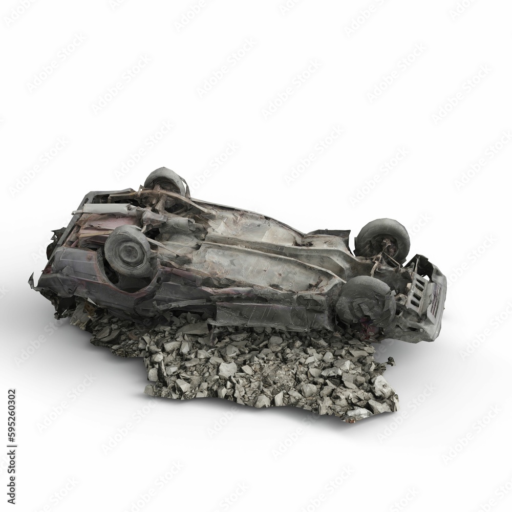 Car junk that has been flipped upside down on the ground against a white background, 3D rendered Car junk that has been flipped upside down on the ground against a white background, 3D rendered