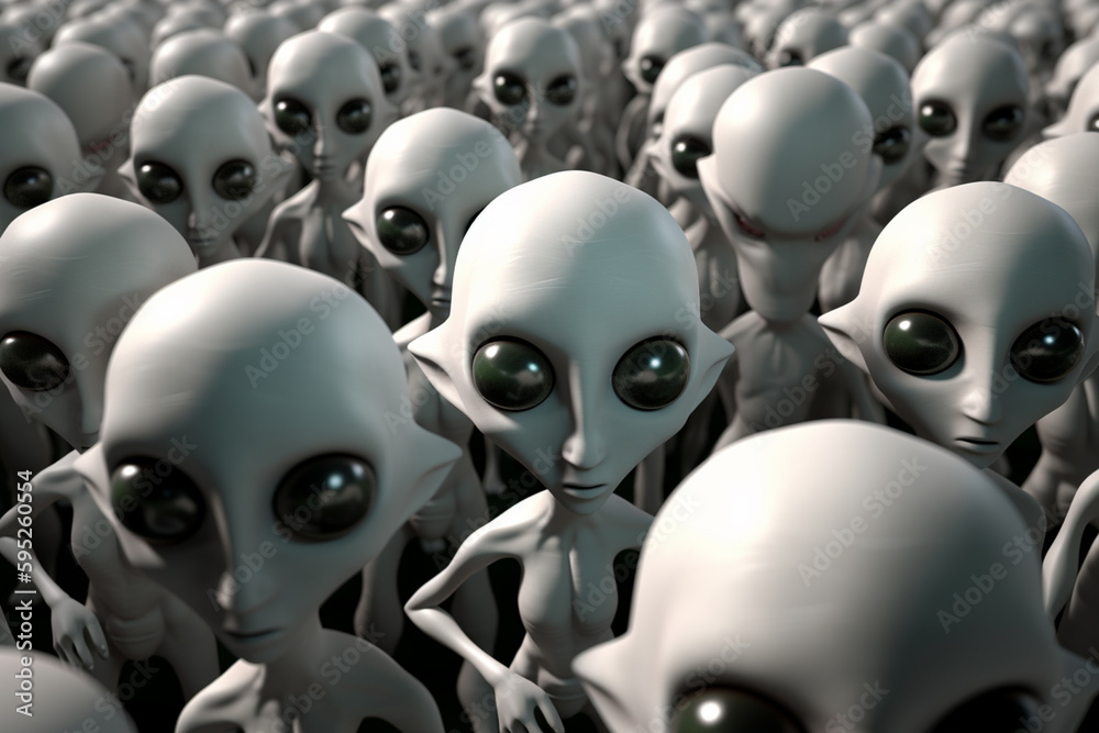 Robots aliens with large heads and large dark eyes look at the camera with displeasure. AI generated, made by AI, artificial intelligence Robots aliens with large heads and large dark eyes look at the camera with displeasure. AI generated, made by AI, artificial intelligence