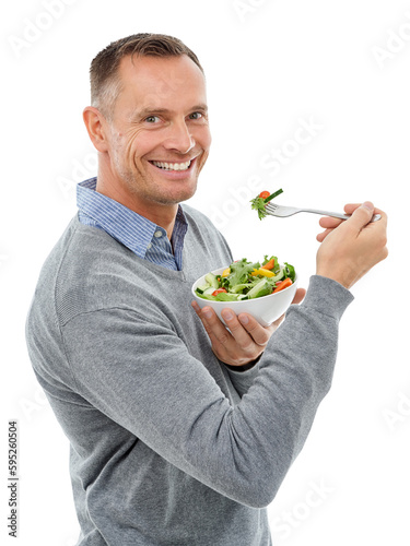 Healthy food  salad or portrait of an excited man with a smile isolated on transparent png background. Happy face  hungry or mature person eating vegan diet meal to lose weight or nutrition vitamins