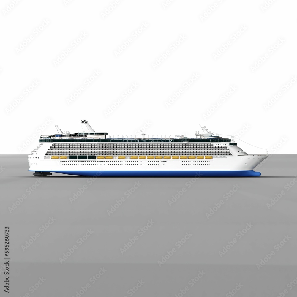 Cruise ship sailing against a white background, 3D rendered