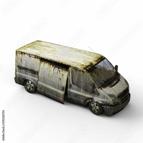 Tela Old destroyed van with broken doors on a white background, 3D rendered