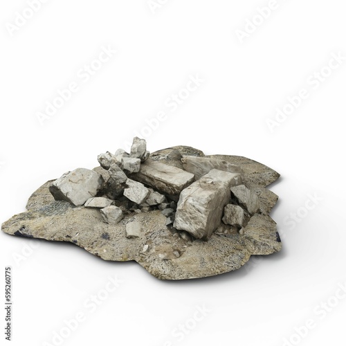 Rock pile with a variety of stones and pebbles, on a white background, 3D rendered