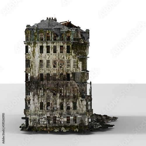 Fotografia Partially dilapidated building on a white background, 3D rendered