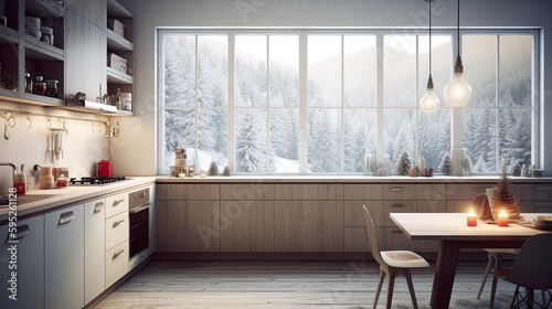 Cosy kitchen with large window facing winter forest, Scandinavian style, AI generative modern kitchen interior
