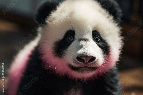 Adorable fluffy baby panda with pink fur and a sweet smile. Generative AI