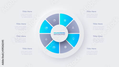 Cycle neumorphic diagram divided into 8 sectors. Infographic design template