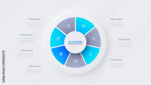 Cycle neumorphic diagram divided into 7 sectors. Infographic design template