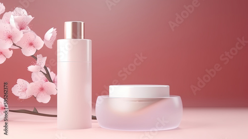 Various glass bottles and jars filled with beauty products on a pale pink background with almond blossoms, natural flowers. AI generative.