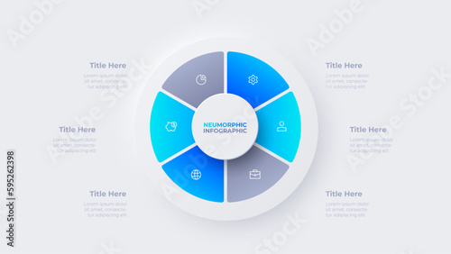 Cycle neumorphic diagram divided into 6 sectors. Infographic design template