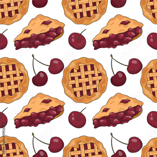 Juicy seamless pattern with cherry pie and berries. Vector illustration