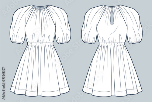 Mini Dress technical fashion illustration. Puff Sleeve Dress fashion flat technical drawing template, round neck, alastic waist, front and back view, white color, women CAD mockup.