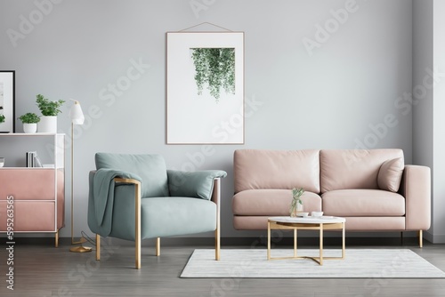 Interior mockup with picture frame on a Wall. Living room in pastel colors with sofa and painting on a wall 3D render.
