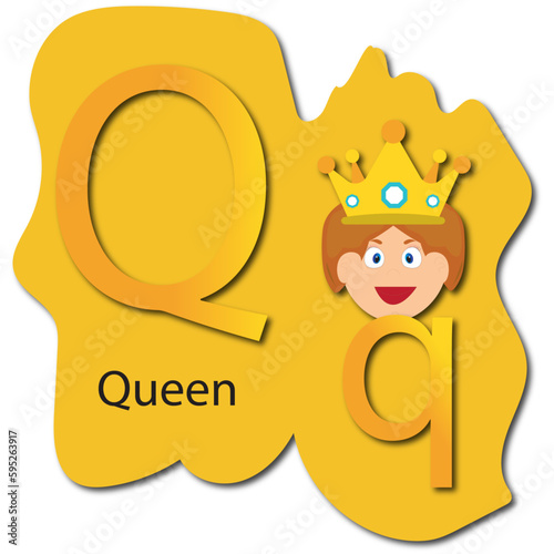 Letter Q with imge and word, for preschool, colorful cartoon letter alphabet, capital and small Qq