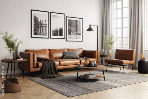 Mockup of modern living room with brown sofa and black accessories on white background. 3D render. Generative AI