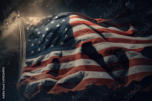 AI generated closeup of grunge vintage dark american flag blowing wind at USA independence day