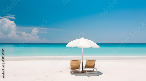 Fototapeta Naklejka Na Ścianę i Meble -  Beautiful beach banner. White sand, chairs and umbrella travel tourism wide panorama background concept. Amazing beach landscape