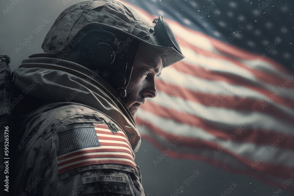AI generated american hero patriot man at dark USA flag background ...