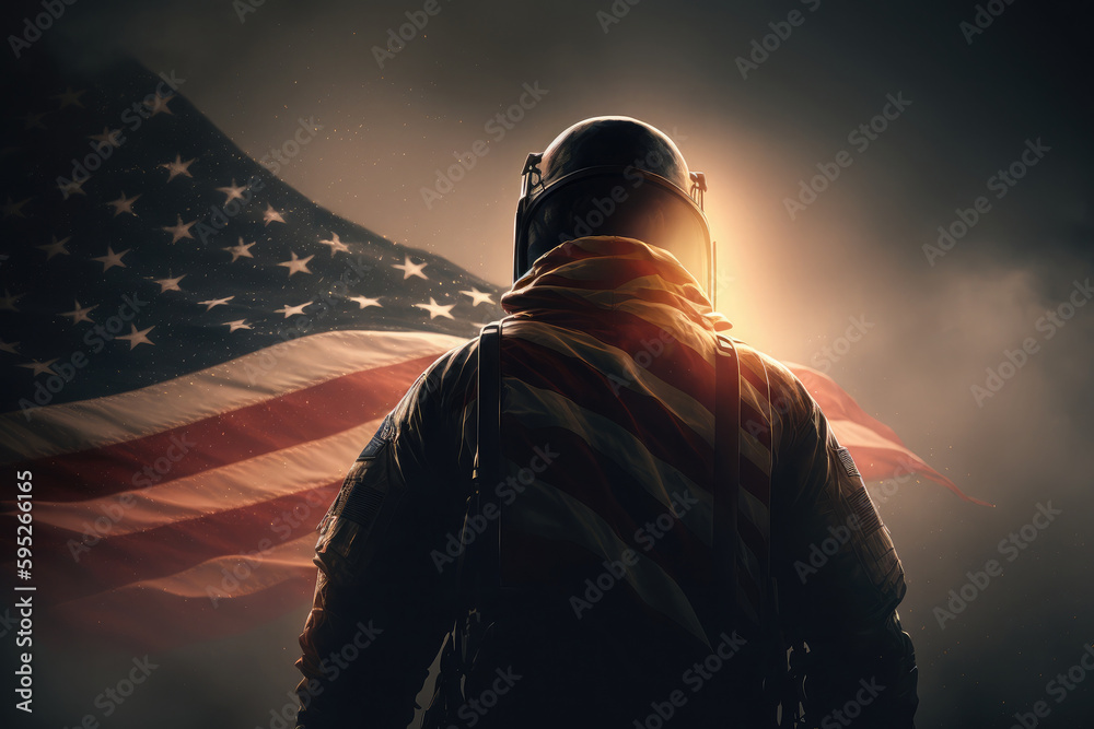 AI generated american hero patriot man at dark USA flag background ...