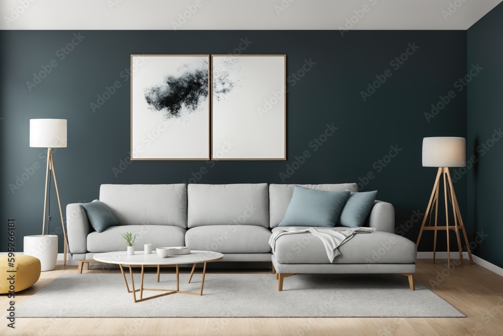 Interior mockup with picture frame on a Wall. Living room in pastel colors with sofa and painting on a wall 3D render. Interior mockup with picture frame on a Wall. Living room in pastel colors with sofa and painting on a wall 3D render.