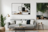 Interior mockup with picture frame on a Wall. Living room in pastel colors with sofa and painting on a wall 3D render.