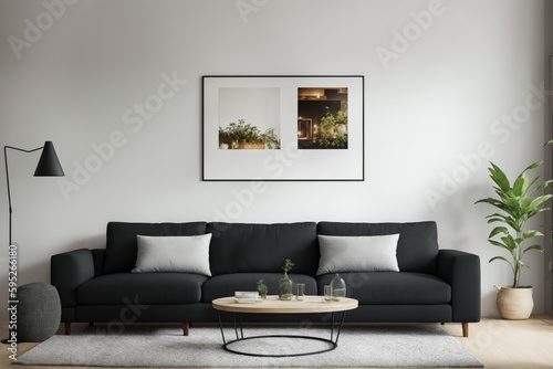 Interior mockup with picture frame on a Wall. Living room in pastel colors with sofa and painting on a wall 3D render.