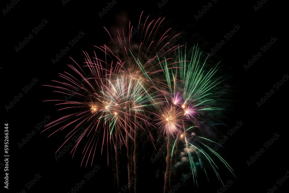 Colorful new year fireworks isolated on black background backdrop
