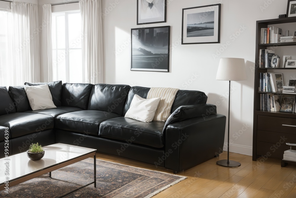 Fototapeta premium Interior mockup with picture frame on a Wall. Living room in pastel colors with sofa and painting on a wall 3D render.