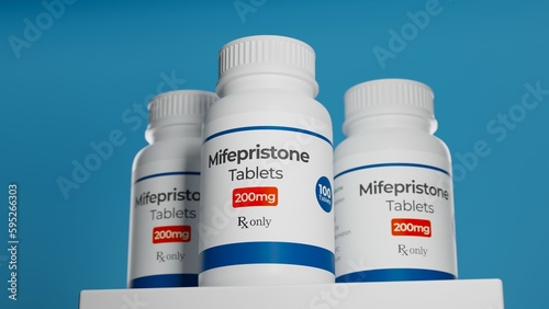 Mifepristone tablets in bottle. RU-486 Medical abortion pills. Used in combination with misoprostol. 3D illustration.