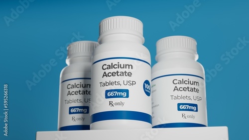 Calcium acetate tablets in bottle. Hyperphosphatemia treatment in kidney disease patients. 3D illustration on blue background. photo